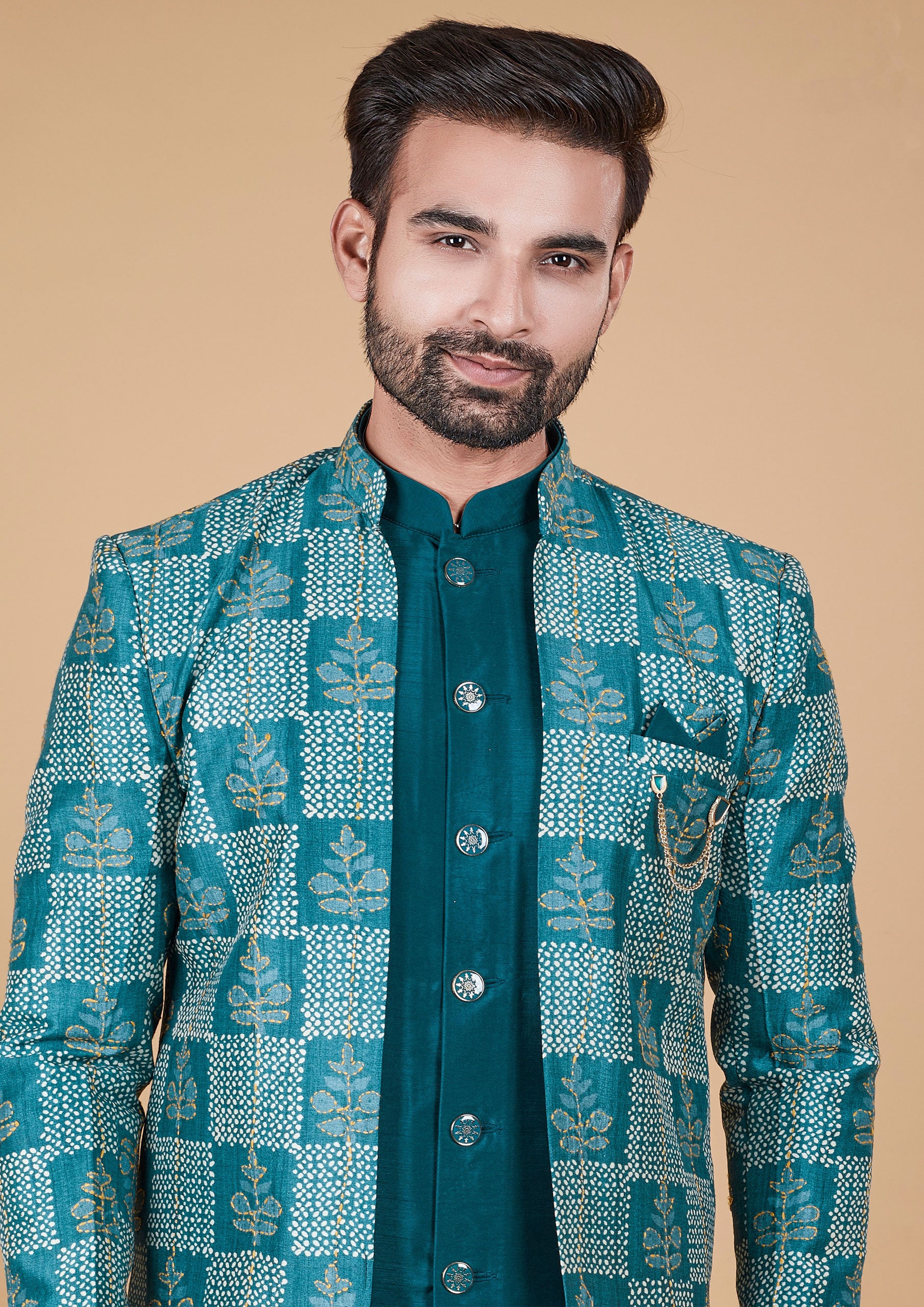 Teal Color Jacquard Silk Thread Work Men's Wear